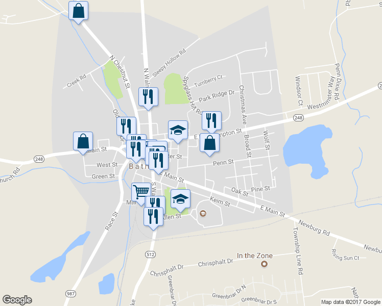 map of restaurants, bars, coffee shops, grocery stores, and more near 131 Wabash Avenue in Bath