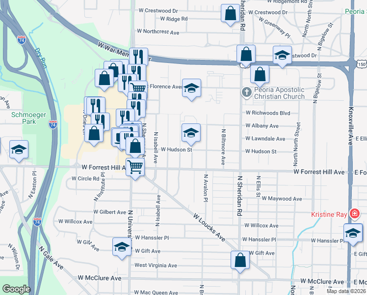map of restaurants, bars, coffee shops, grocery stores, and more near 1011 West Hudson Street in Peoria