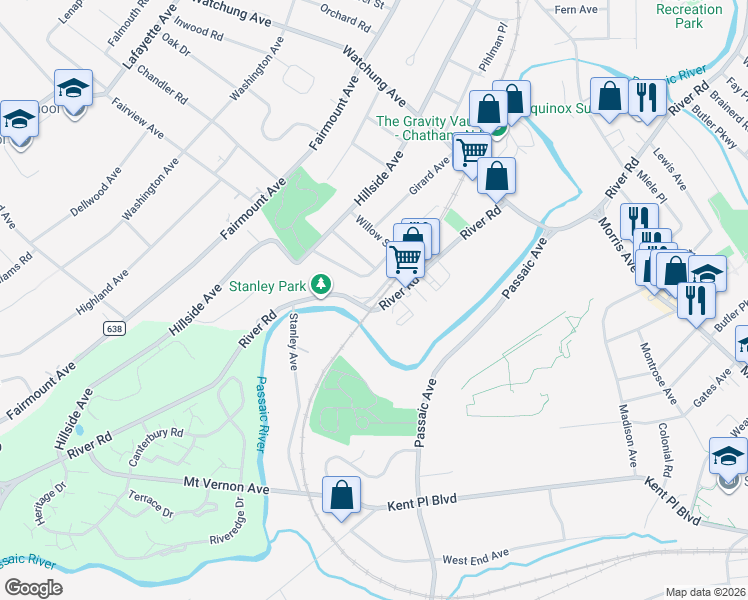 map of restaurants, bars, coffee shops, grocery stores, and more near 1 Lackawanna Avenue in Chatham