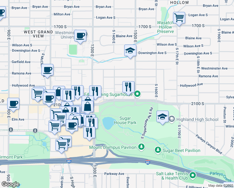 map of restaurants, bars, coffee shops, grocery stores, and more near 1410 Redondo Avenue South in Salt Lake City