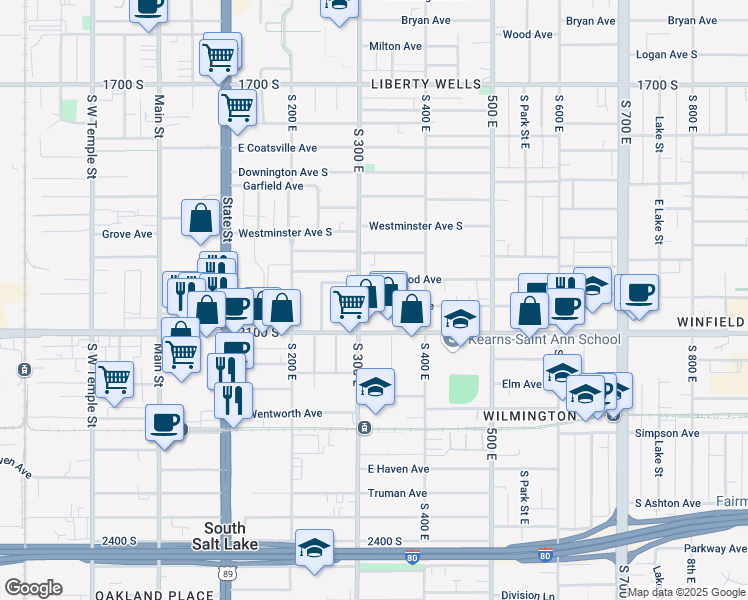 map of restaurants, bars, coffee shops, grocery stores, and more near 317 Redondo Avenue in Salt Lake City