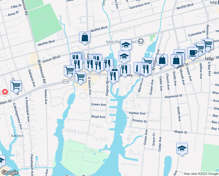 map of restaurants, bars, coffee shops, grocery stores, and more near 1923 Degnon Boulevard in Bay Shore