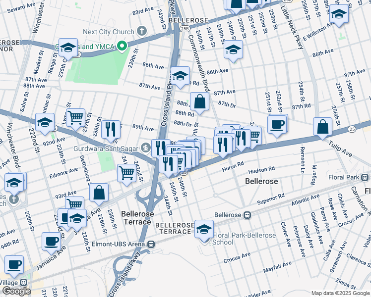 map of restaurants, bars, coffee shops, grocery stores, and more near 244-56 90th Avenue in Queens