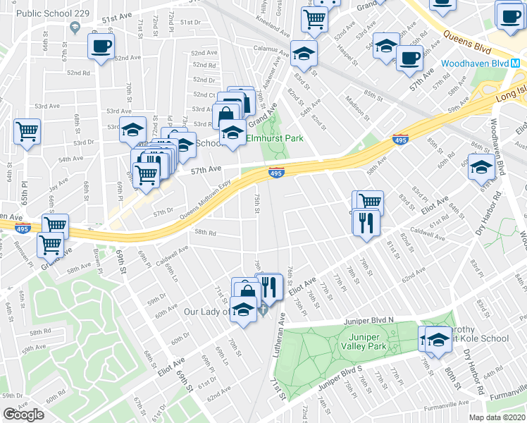 map of restaurants, bars, coffee shops, grocery stores, and more near 57-79 75th Street in Queens