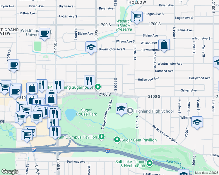 map of restaurants, bars, coffee shops, grocery stores, and more near 1564 Redondo Avenue South in Salt Lake City