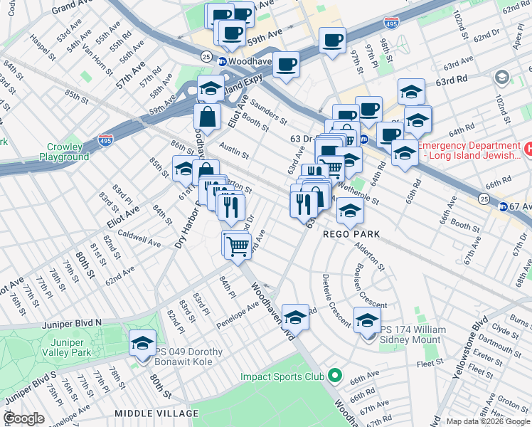 map of restaurants, bars, coffee shops, grocery stores, and more near 90-01 63rd Avenue in Queens