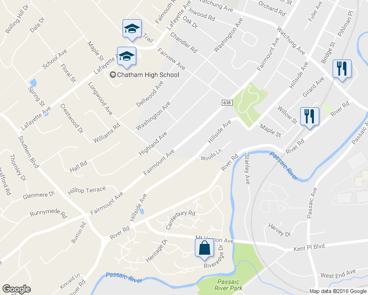 map of restaurants, bars, coffee shops, grocery stores, and more near 265 Fairmount Avenue in Chatham Township