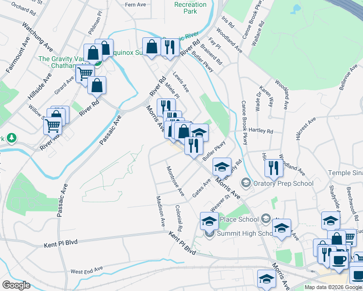 map of restaurants, bars, coffee shops, grocery stores, and more near 511 Morris Avenue in Summit