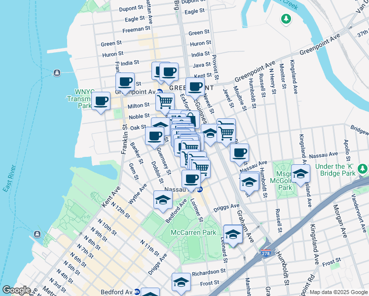 map of restaurants, bars, coffee shops, grocery stores, and more near 639 Leonard Street in Brooklyn