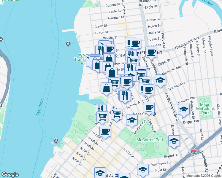 map of restaurants, bars, coffee shops, grocery stores, and more near 61 Franklin Street in Brooklyn