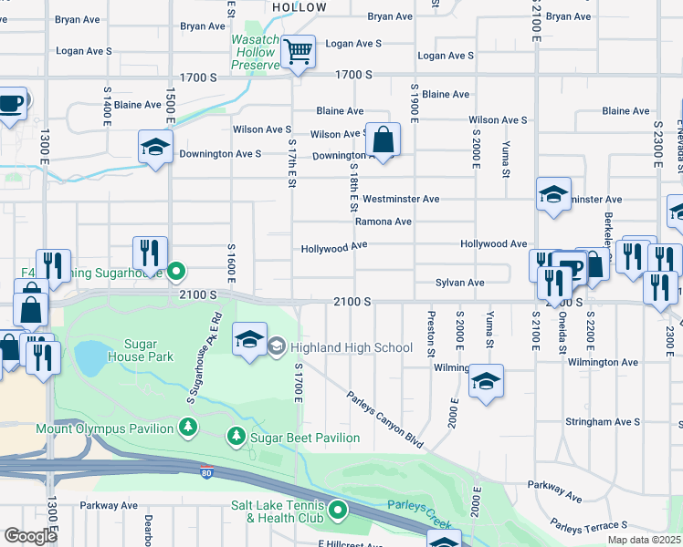 map of restaurants, bars, coffee shops, grocery stores, and more near 1773 Redondo Avenue South in Salt Lake City