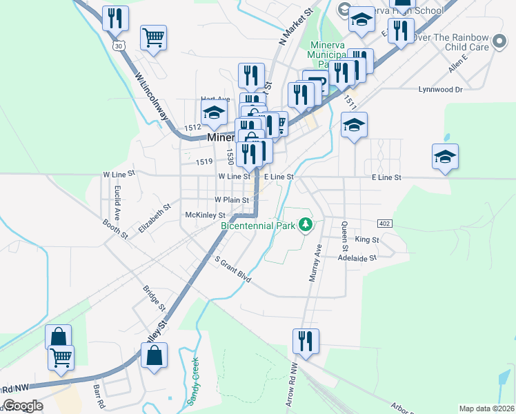 map of restaurants, bars, coffee shops, grocery stores, and more near 203 Ohio 183 in Minerva