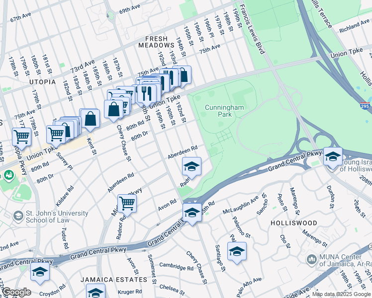 map of restaurants, bars, coffee shops, grocery stores, and more near 81-53 190th Street in Queens
