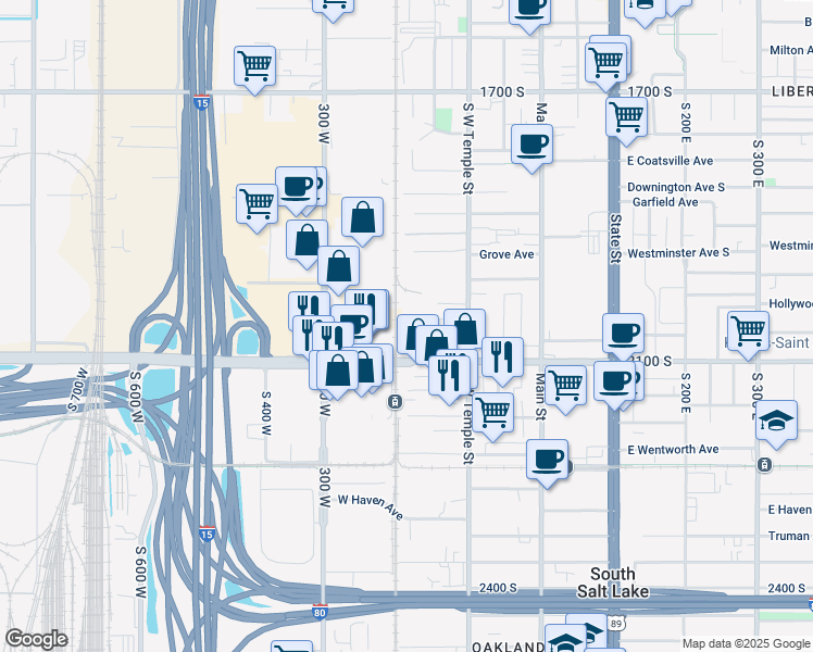 map of restaurants, bars, coffee shops, grocery stores, and more near 177 Westwood Avenue in Salt Lake City