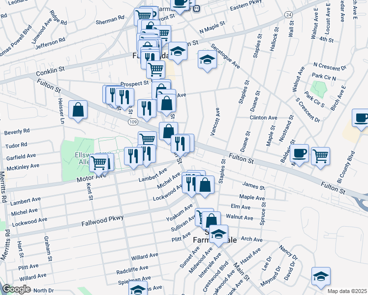map of restaurants, bars, coffee shops, grocery stores, and more near 776 Fulton Street in Farmingdale