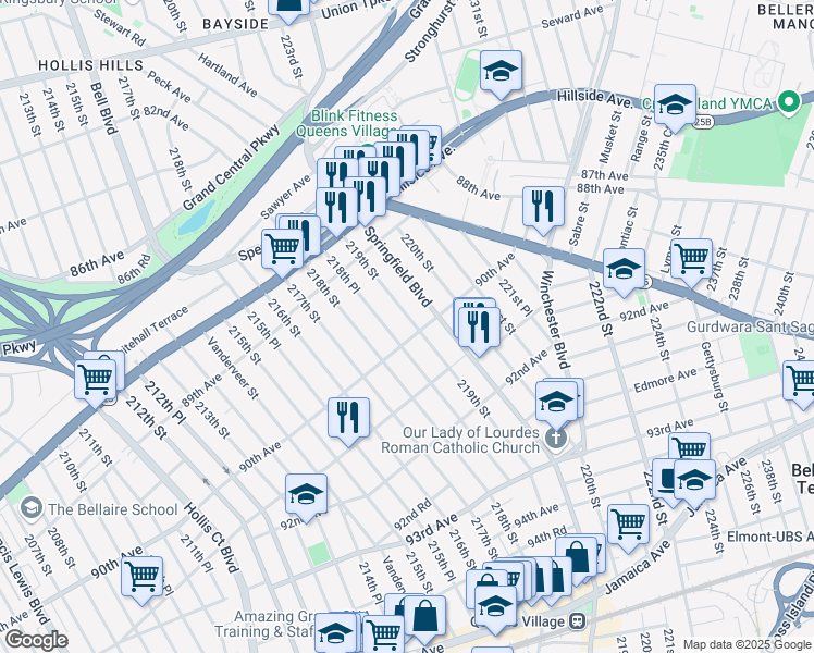 map of restaurants, bars, coffee shops, grocery stores, and more near 89-90 219th Street in Queens