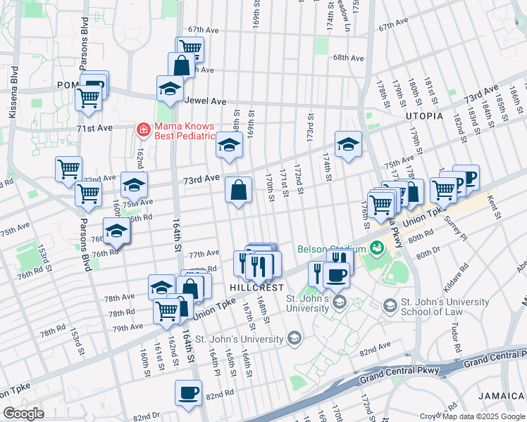 map of restaurants, bars, coffee shops, grocery stores, and more near 75-33 169th Street in Queens