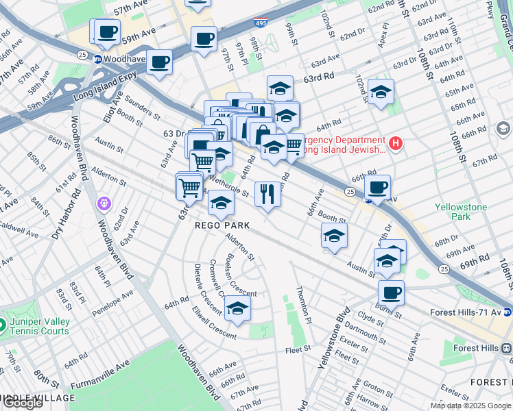 map of restaurants, bars, coffee shops, grocery stores, and more near 64-86 Wetherole Street in Queens