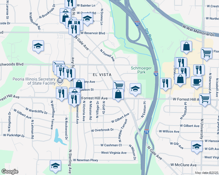 map of restaurants, bars, coffee shops, grocery stores, and more near 3206 North El Vista Avenue in Peoria