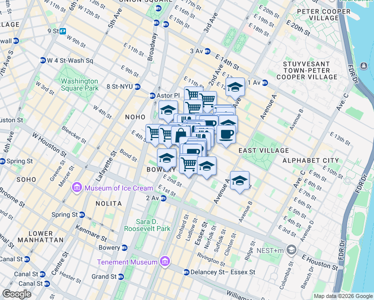 map of restaurants, bars, coffee shops, grocery stores, and more near 331 East 5th Street in New York