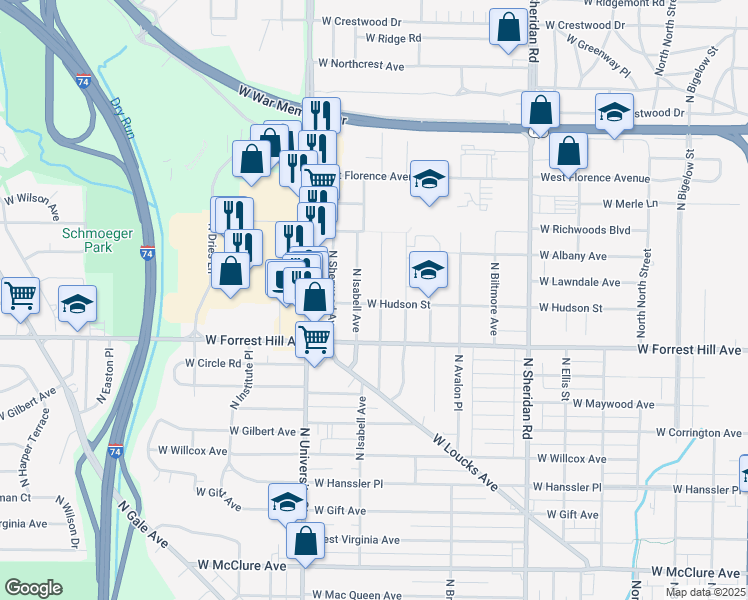 map of restaurants, bars, coffee shops, grocery stores, and more near 3203 N Parish Ave in Peoria