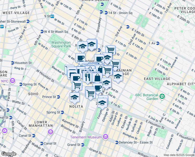 map of restaurants, bars, coffee shops, grocery stores, and more near 348 Bowery in New York