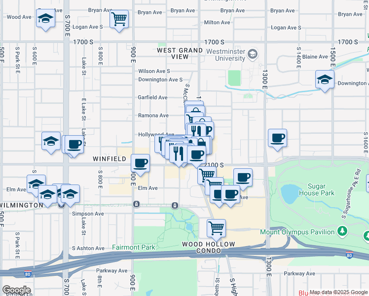 map of restaurants, bars, coffee shops, grocery stores, and more near 2005 South McClelland Street in Salt Lake City
