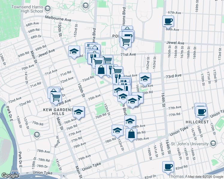 map of restaurants, bars, coffee shops, grocery stores, and more near 153-35 75th Avenue in Queens