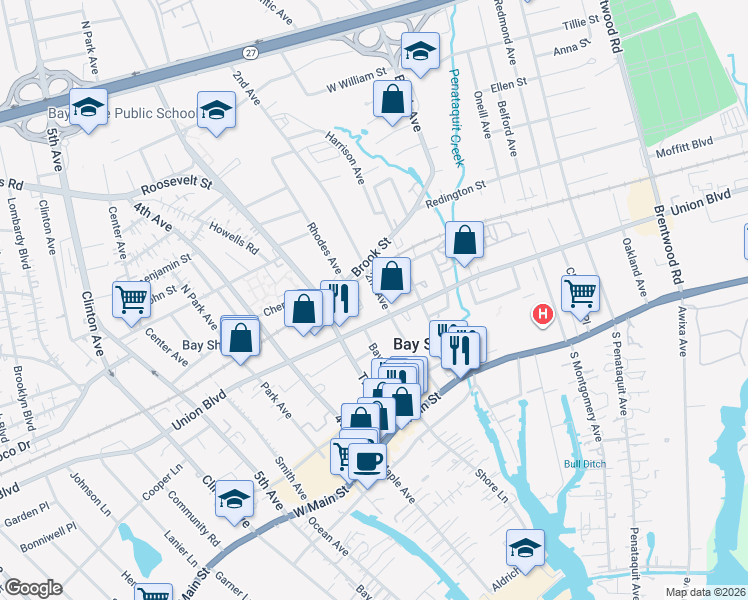 map of restaurants, bars, coffee shops, grocery stores, and more near 52 2nd Avenue in Bay Shore