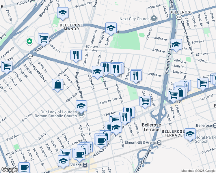 map of restaurants, bars, coffee shops, grocery stores, and more near 92-17 224th Street in Queens