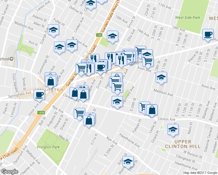 map of restaurants, bars, coffee shops, grocery stores, and more near 60 Harrison Place in Irvington