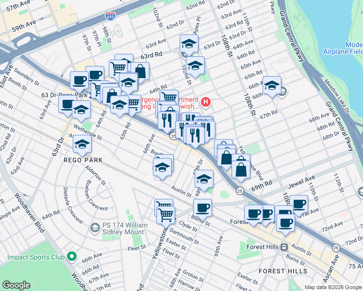 map of restaurants, bars, coffee shops, grocery stores, and more near 9934 67th Avenue in Queens