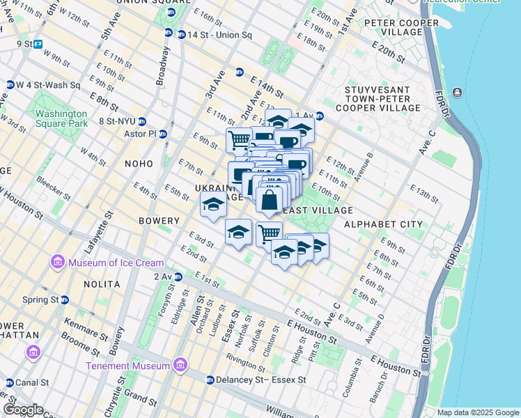map of restaurants, bars, coffee shops, grocery stores, and more near 102 East 7th Street in New York