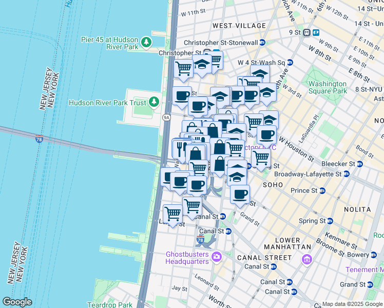 map of restaurants, bars, coffee shops, grocery stores, and more near 100 Vandam Street in New York