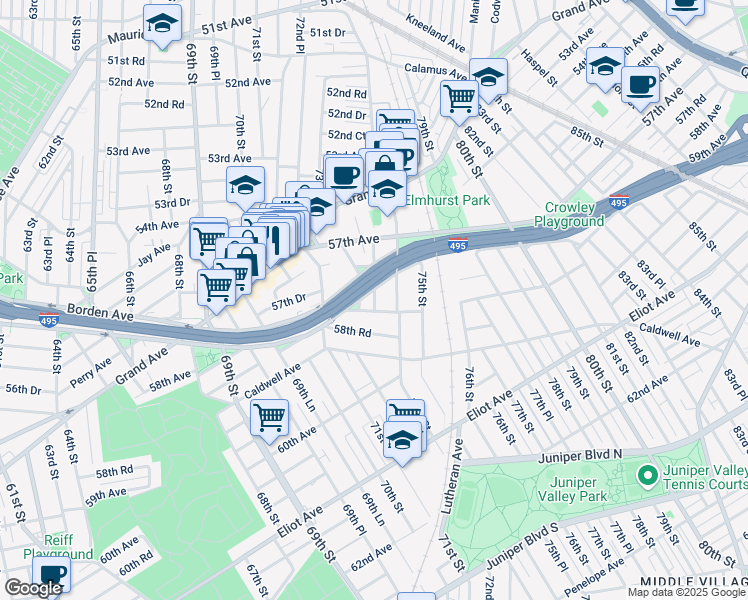 map of restaurants, bars, coffee shops, grocery stores, and more near 57-68 73rd Place in Queens