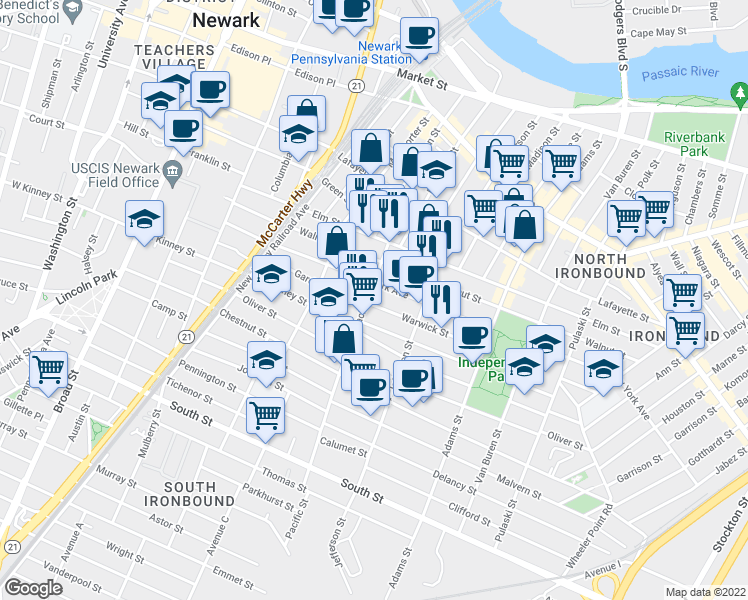map of restaurants, bars, coffee shops, grocery stores, and more near 6 Warwick Street in Newark