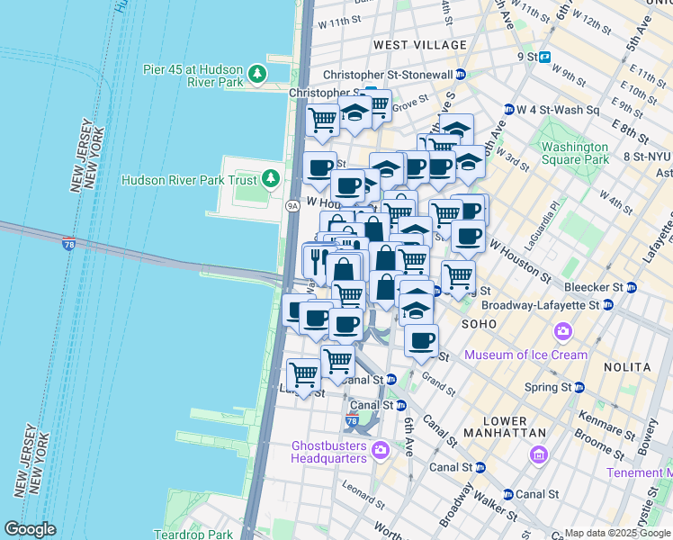 map of restaurants, bars, coffee shops, grocery stores, and more near 92 Vandam Street in New York