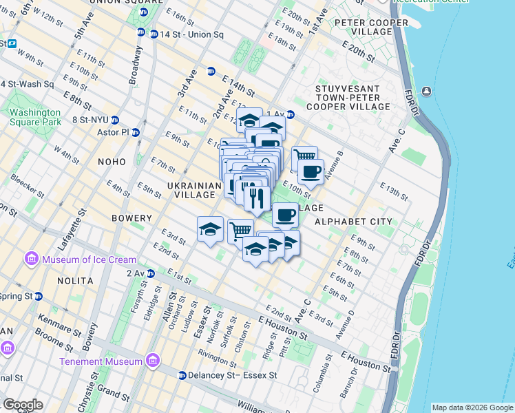 map of restaurants, bars, coffee shops, grocery stores, and more near 113 Avenue A in New York