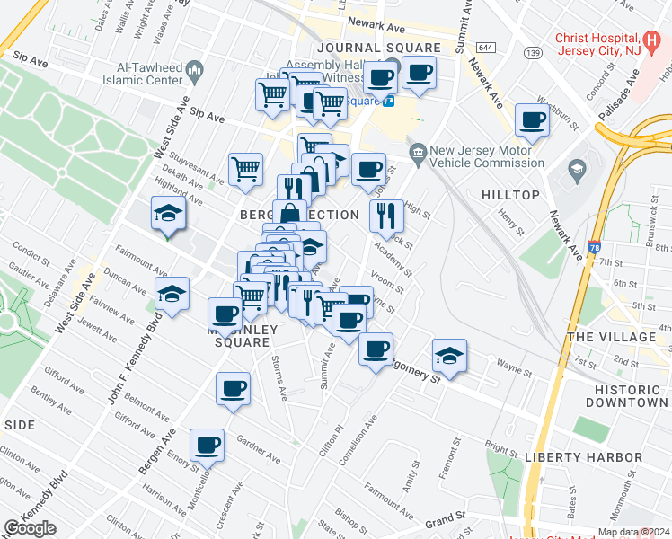 map of restaurants, bars, coffee shops, grocery stores, and more near 75 Jordan Avenue in Jersey City