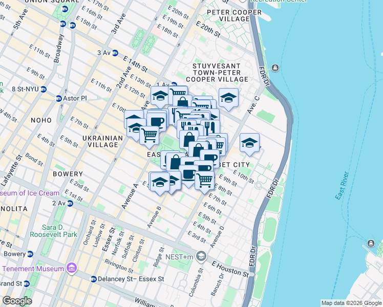 map of restaurants, bars, coffee shops, grocery stores, and more near 151 Avenue B in New York