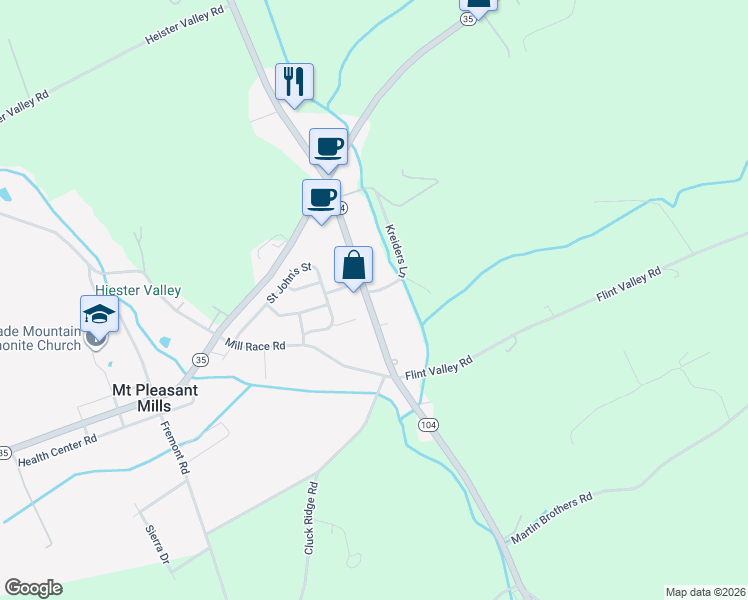 map of restaurants, bars, coffee shops, grocery stores, and more near 8162 Pennsylvania 104 in Mount Pleasant Mills
