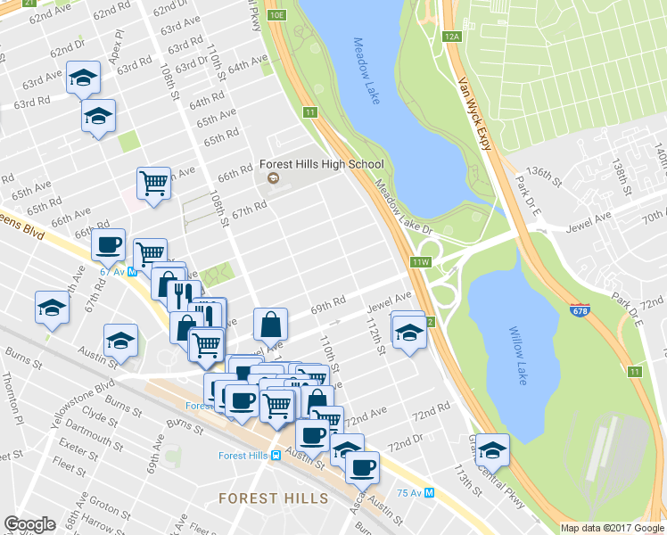 map of restaurants, bars, coffee shops, grocery stores, and more near 110-46 68th Drive in Queens