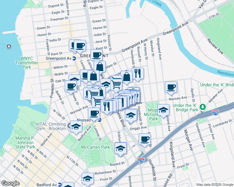 map of restaurants, bars, coffee shops, grocery stores, and more near Newel St & Norman Ave in Brooklyn