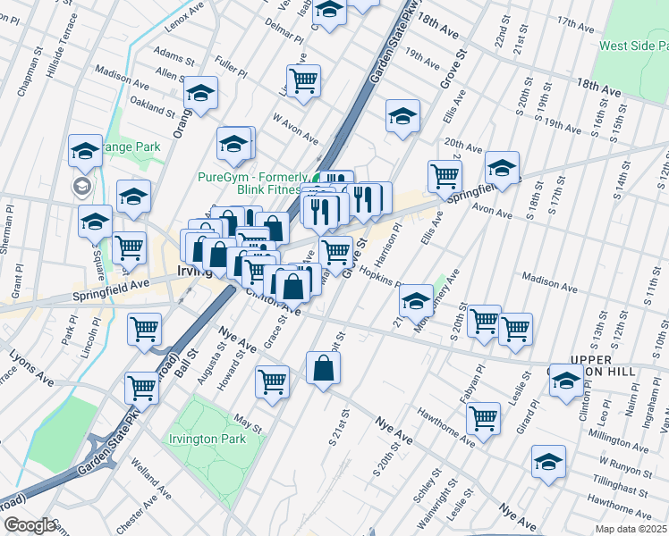 map of restaurants, bars, coffee shops, grocery stores, and more near 45 Maple Avenue in Irvington