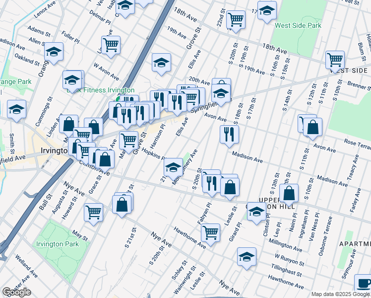 map of restaurants, bars, coffee shops, grocery stores, and more near 480 21st Street in Irvington