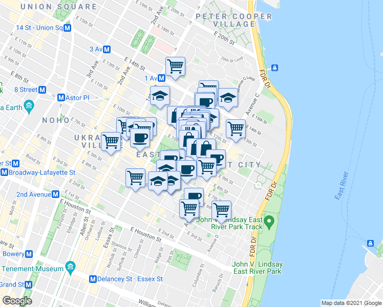 map of restaurants, bars, coffee shops, grocery stores, and more near 151 Avenue B in New York