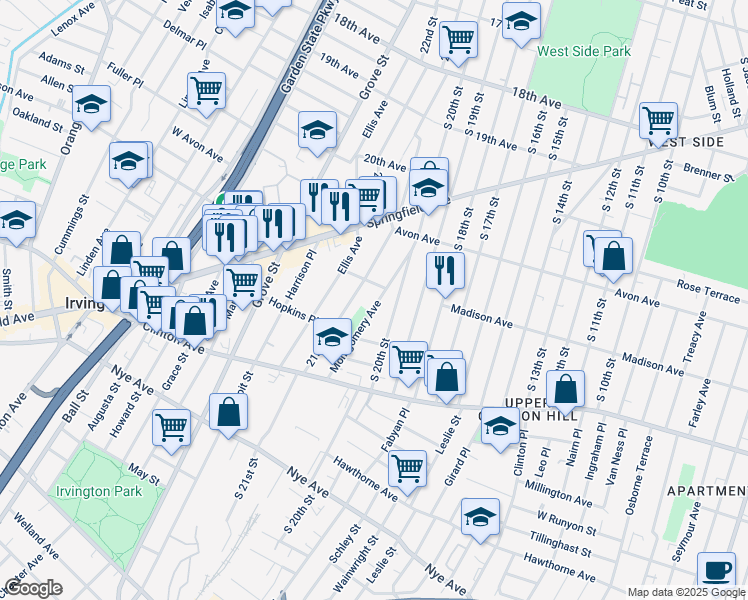 map of restaurants, bars, coffee shops, grocery stores, and more near 107 Montgomery Avenue in Irvington