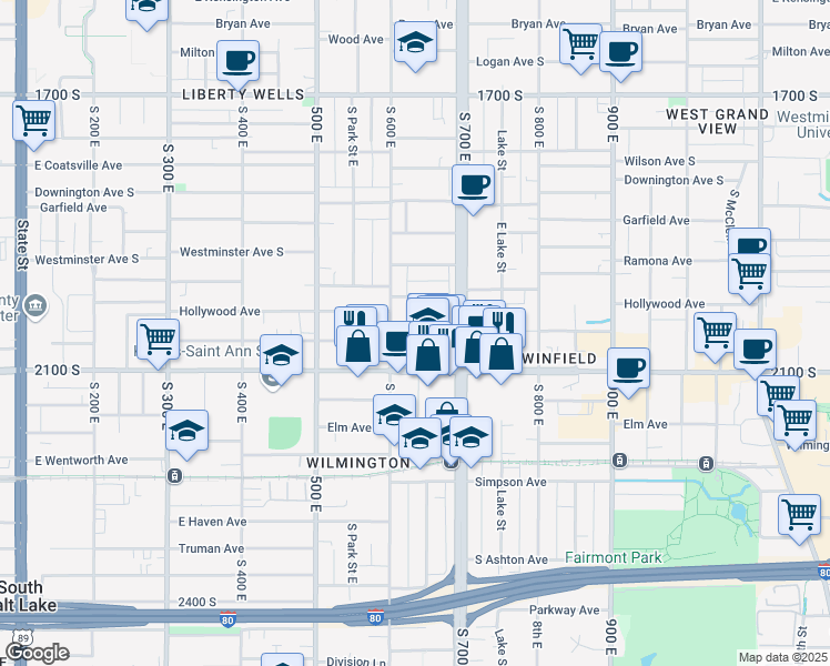 map of restaurants, bars, coffee shops, grocery stores, and more near 628 Redondo Avenue in Salt Lake City