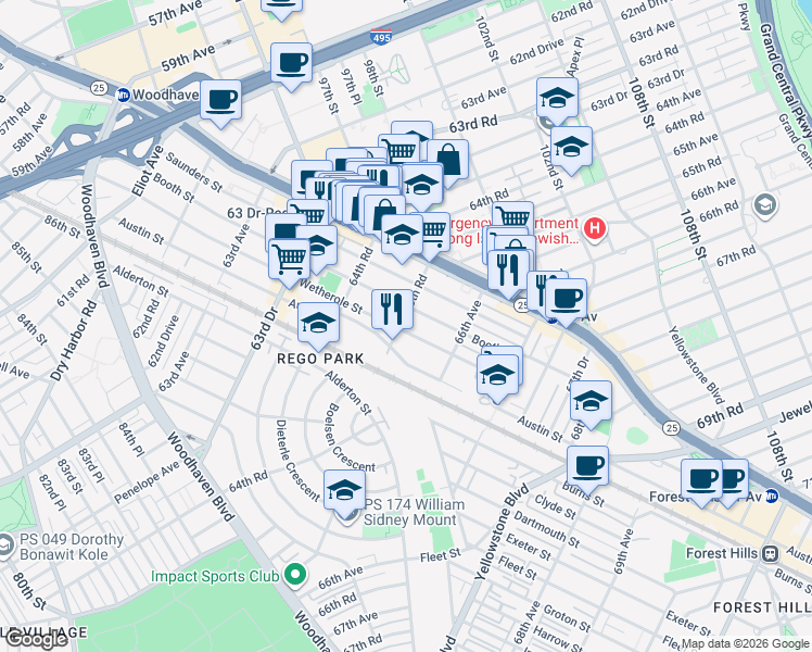 map of restaurants, bars, coffee shops, grocery stores, and more near 65-47 Wetherole Street in Queens