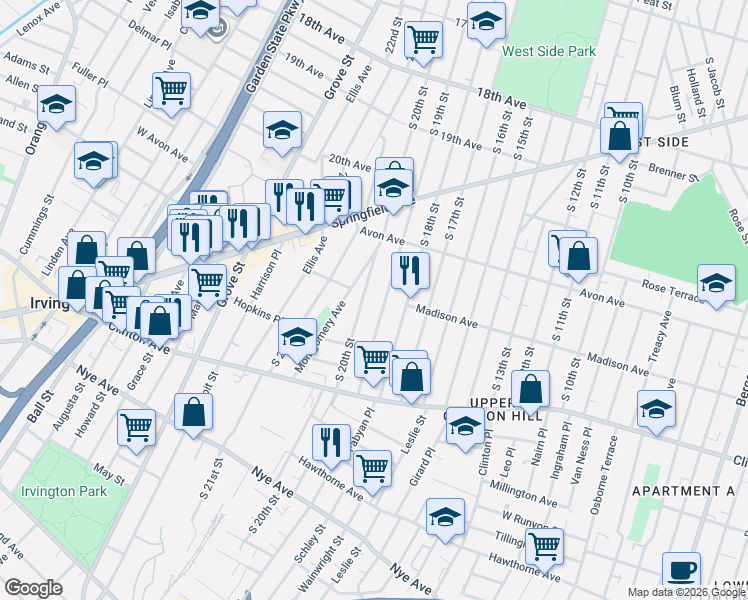map of restaurants, bars, coffee shops, grocery stores, and more near 862 South 20th Street in Newark